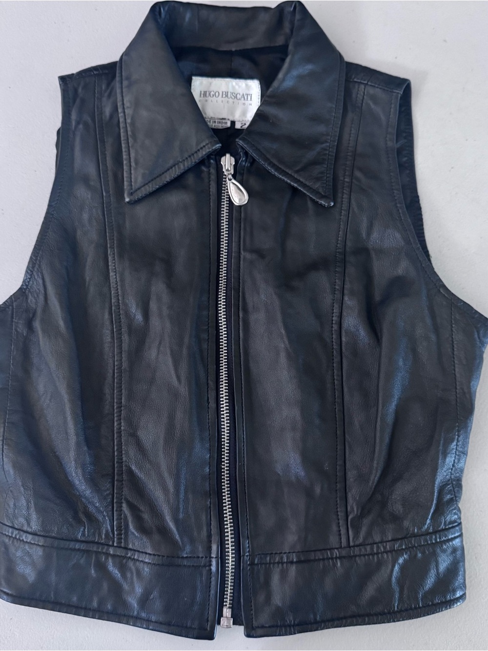 VTG Hugo Buscati Womenβs Black Biker leather Vest size 2